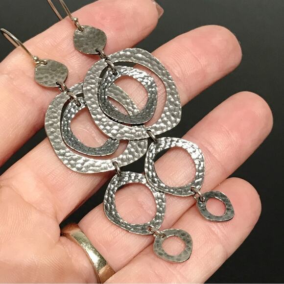 Signed M Sterling Silver 3in Long Dangle Drop Hammered Abstract Circle Earrings - Picture 6 of 14